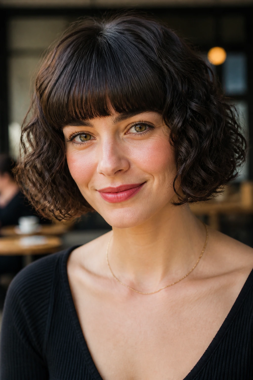 Real woman with chin-length curly bob and straight-across bangs portrait