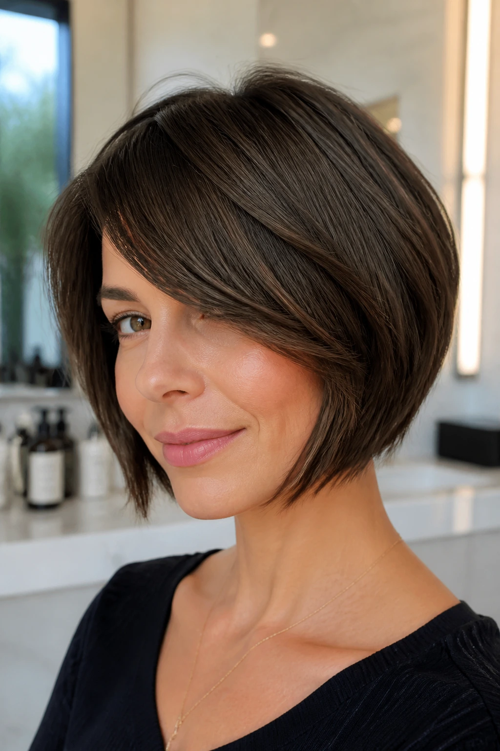 Portrait of a real woman with a chin-length bob and deep side-swept bangs.