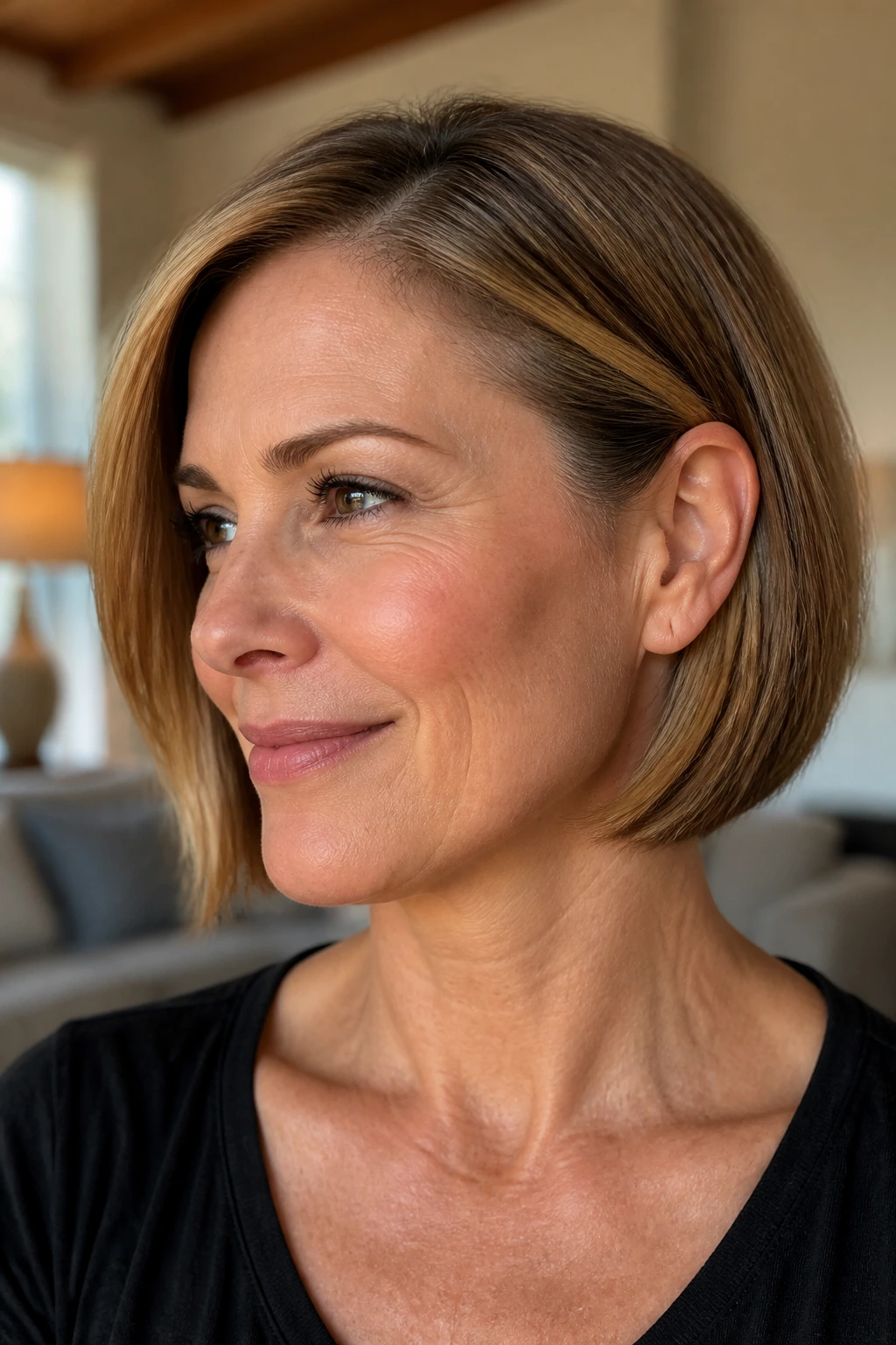 Close-up of a real woman with chin-length bob tucked behind the ear and caramel highlights.