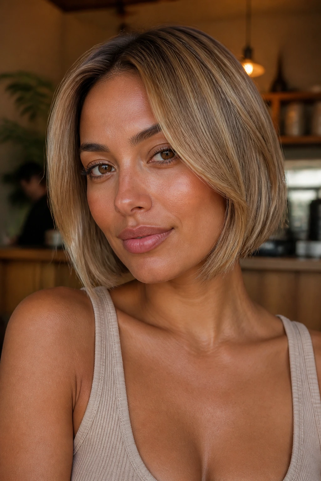 Close-up of a woman with a chin-length bob and beige-honey gloss