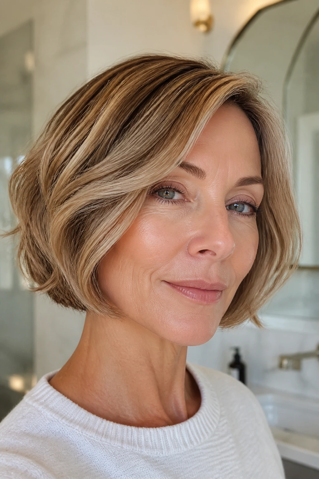 Chin-length bob with a gentle bevel on a real woman
