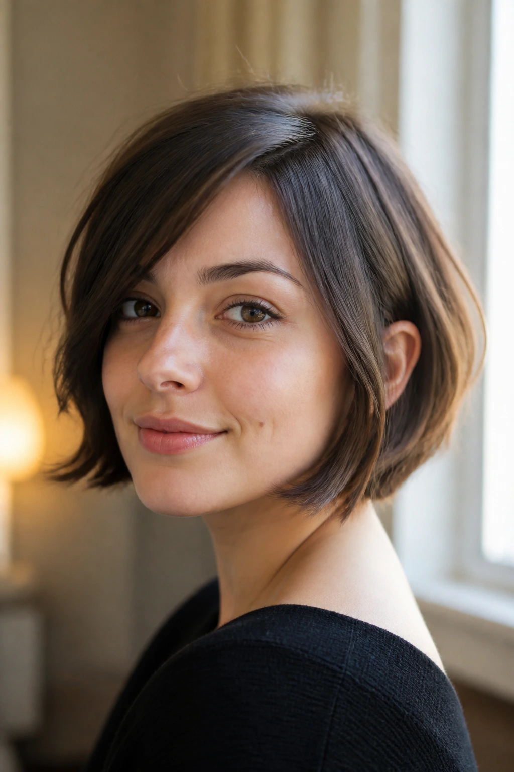 Close-up of a real woman with a chin-length French bob and soft side part