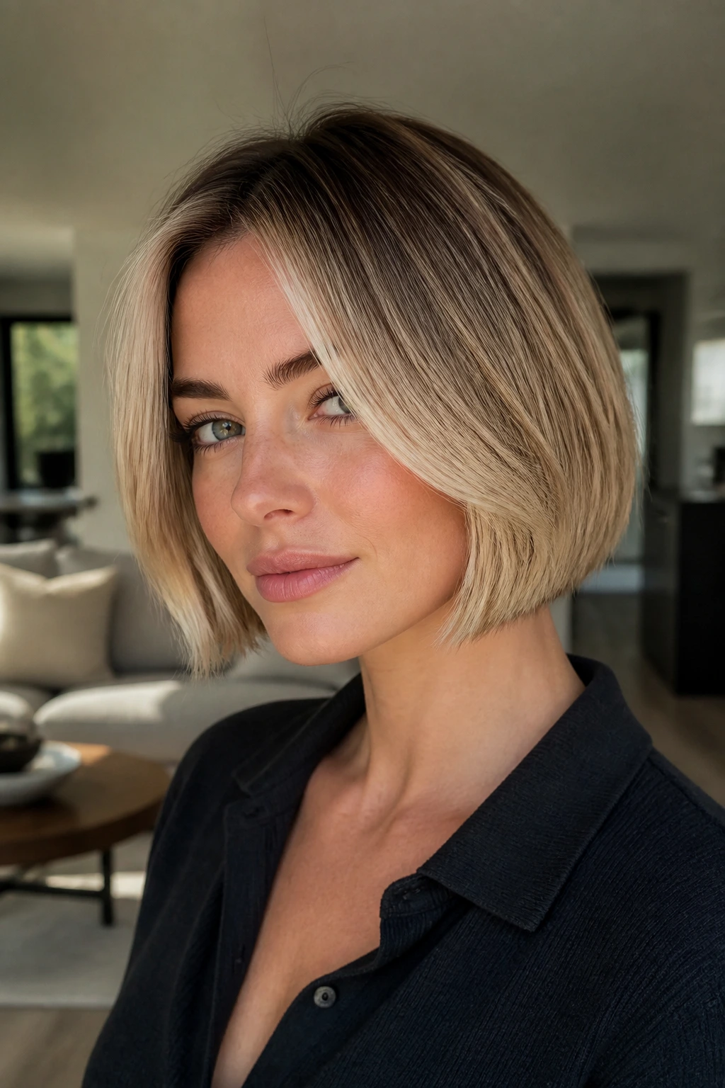 Real woman in chin-length bob with face-framing blonde pieces
