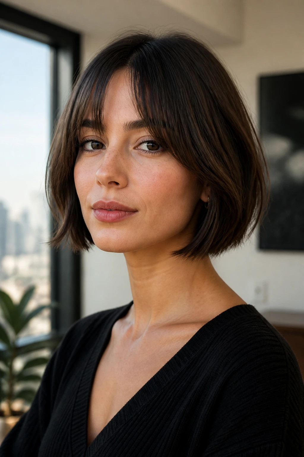 Close-up of real woman with chin-length bob and bottleneck bangs in natural indoor light.