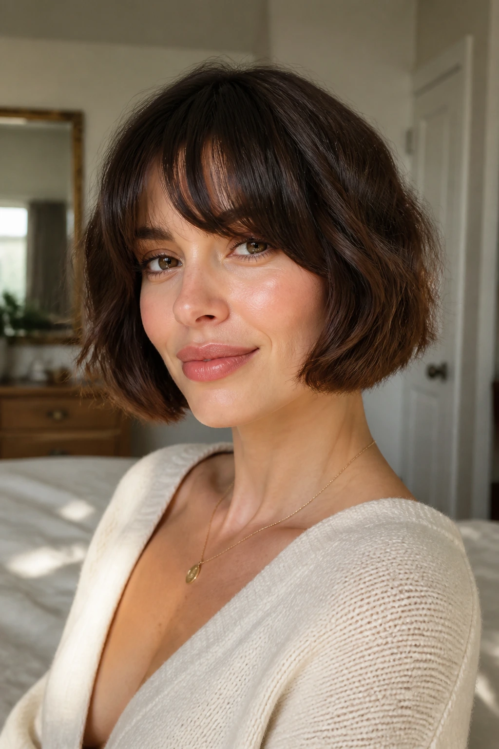 Close-up of a real woman with chin-length bob and bottleneck bangs on a heart-shaped face in warm window light