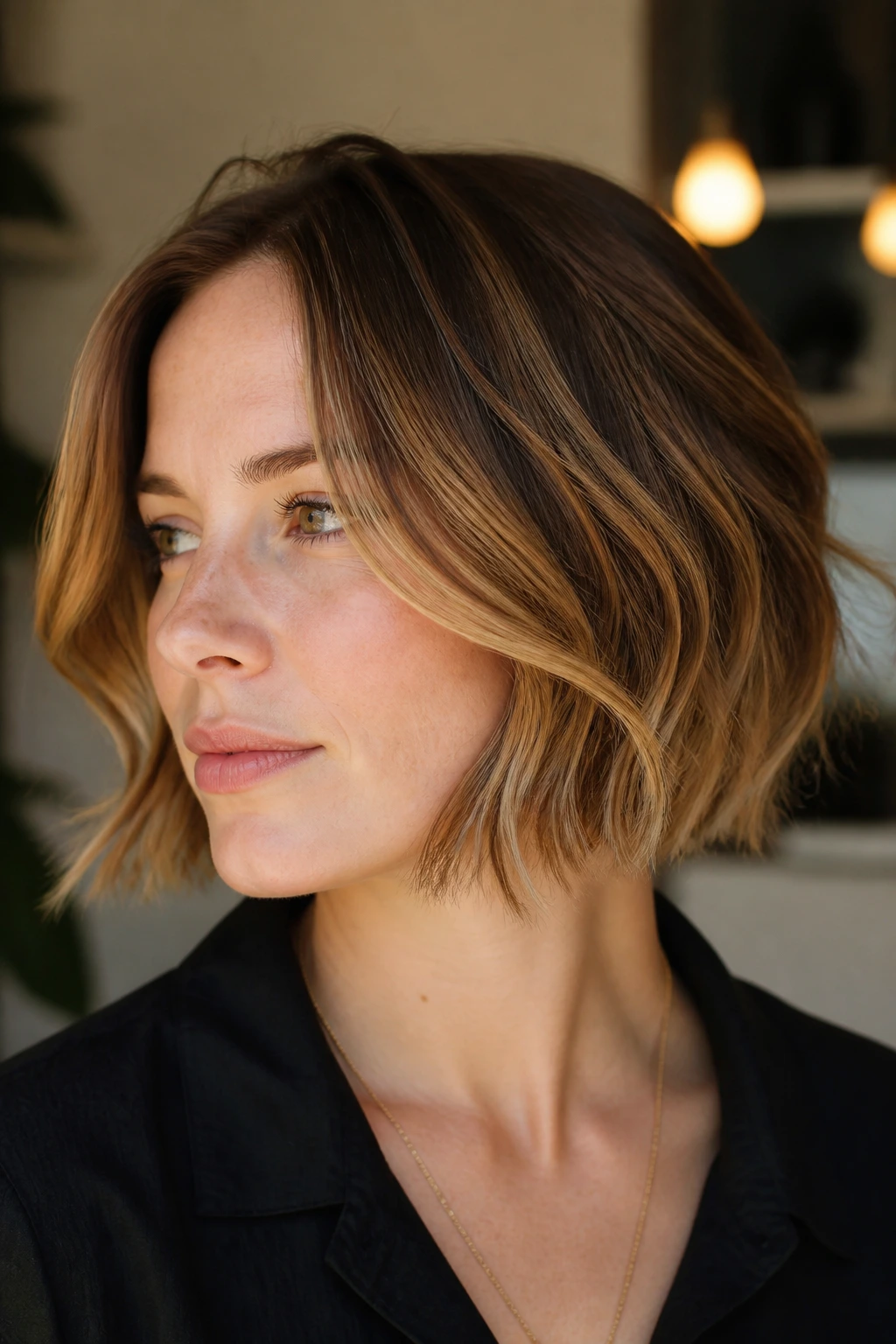 Chin-length bob with toasted caramel accents at the front