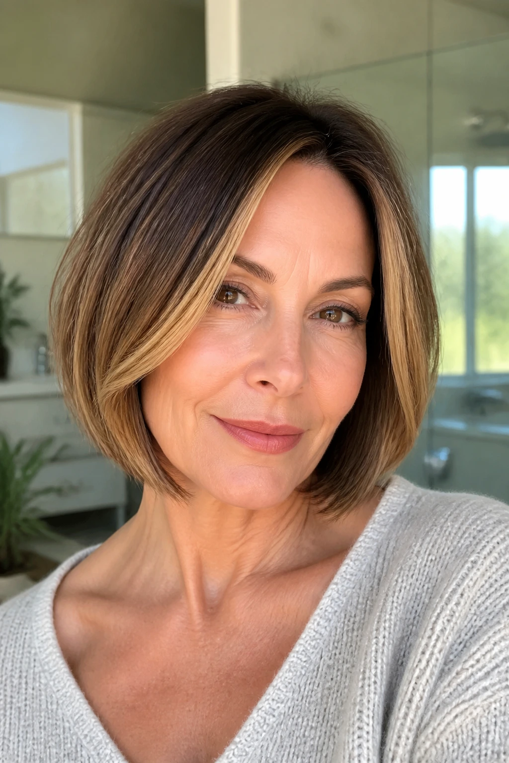 Close-up of a chin-length bob with caramel face-framing highlights.