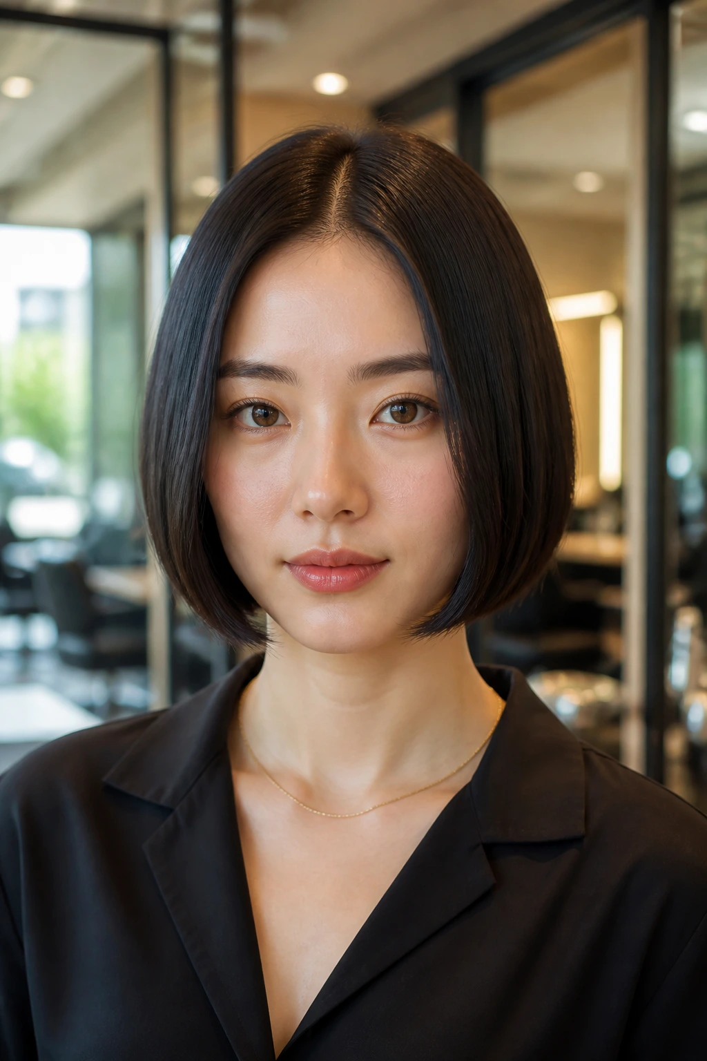 Portrait of a person with a sleek chin-length center-part bob