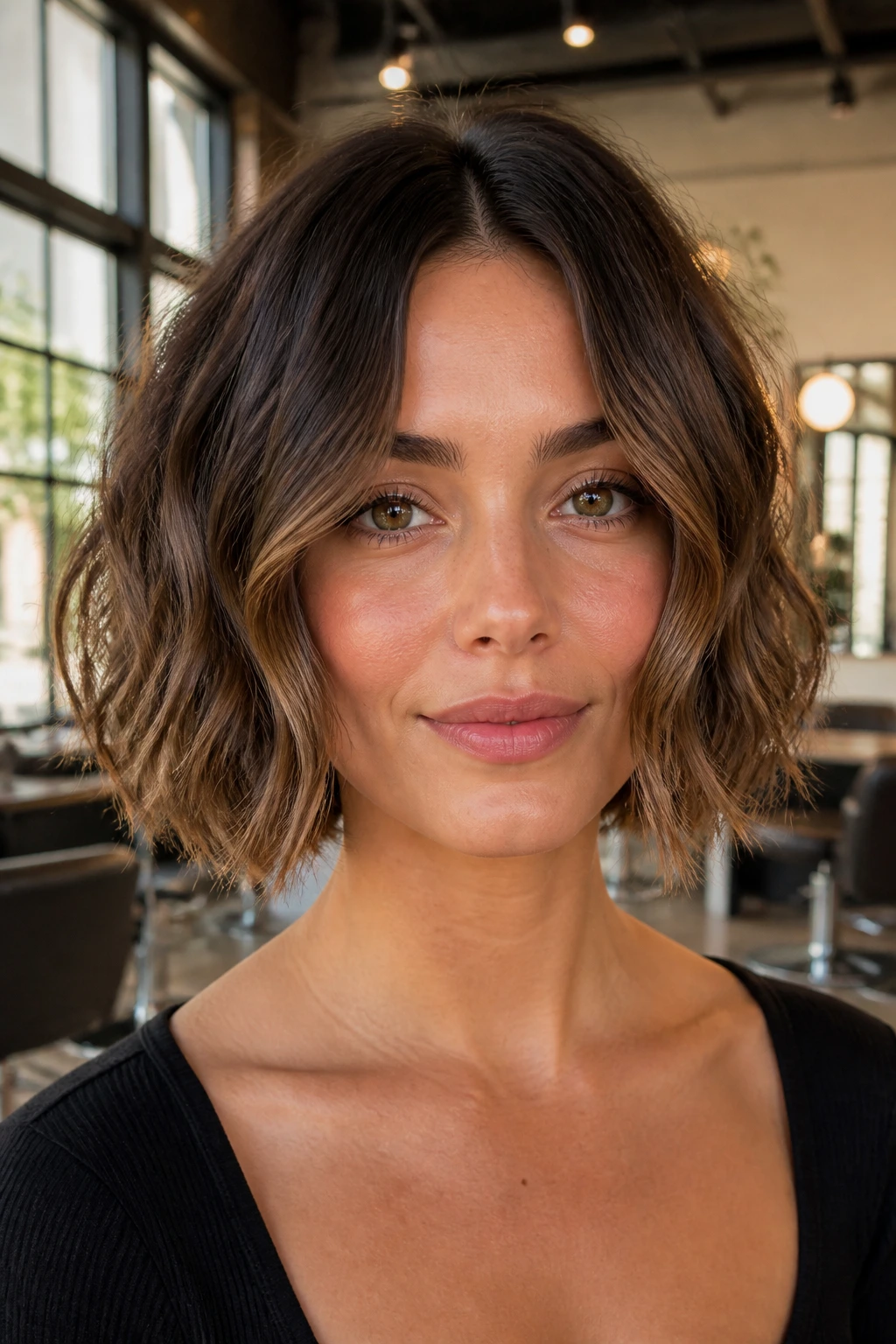 Close-up of a real woman with a chin-length center-part bob showing balanced silhouette and waves
