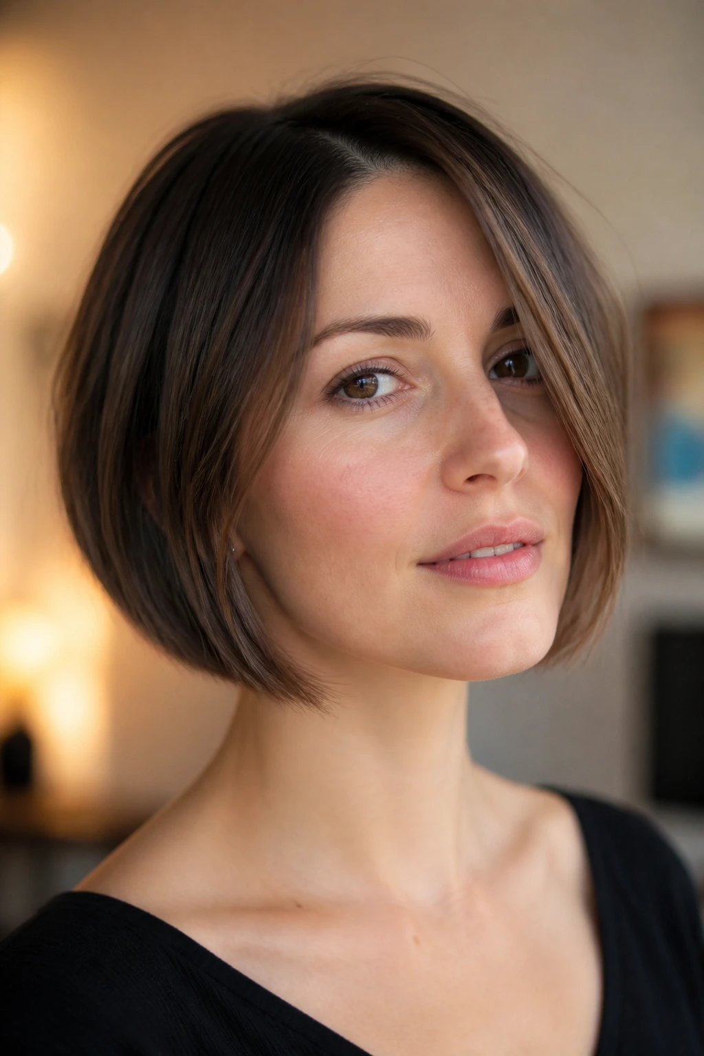 Real woman wearing a chin-length bob that hits cheekbones