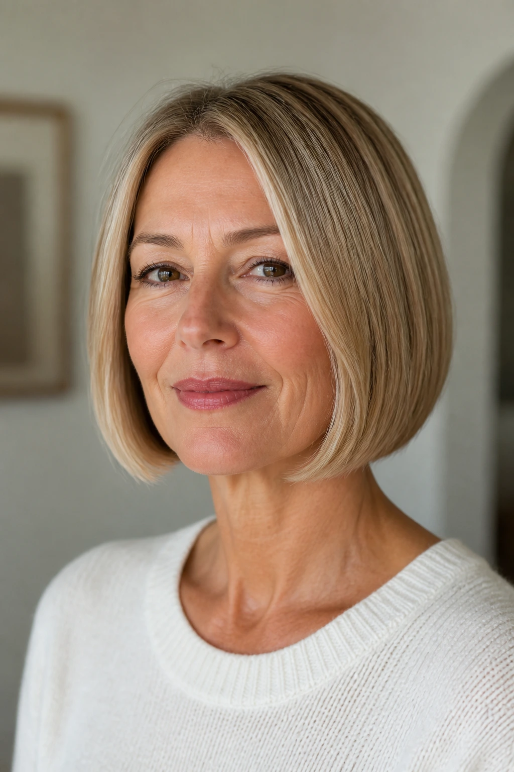 Close-up of a woman with a chin-length bob and clean edge