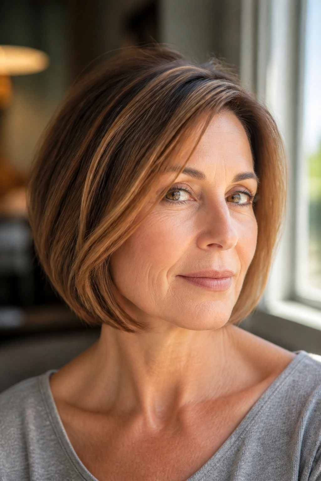 Close-up portrait of a woman with a chin-length bob and copper babylights