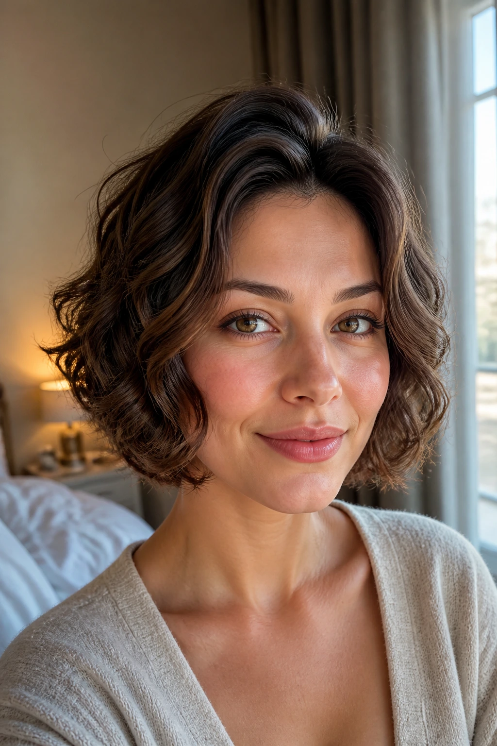 Close-up portrait of a real woman with a chin-length bob and crown lift, soft curls around the cheeks