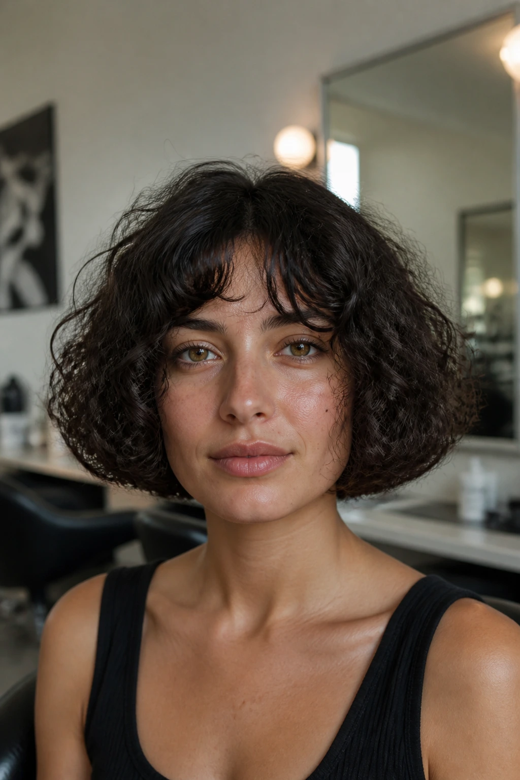 Close-up of a real woman with jaw-length blunt bob on curly hair showing puffed perimeter