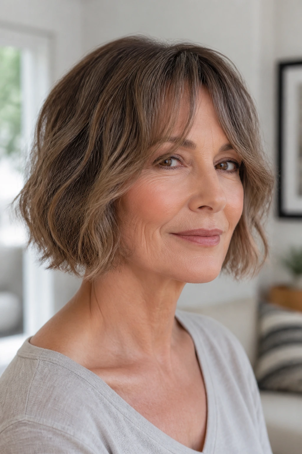 Portrait of a woman with a chin-length wavy bob and curtain bangs