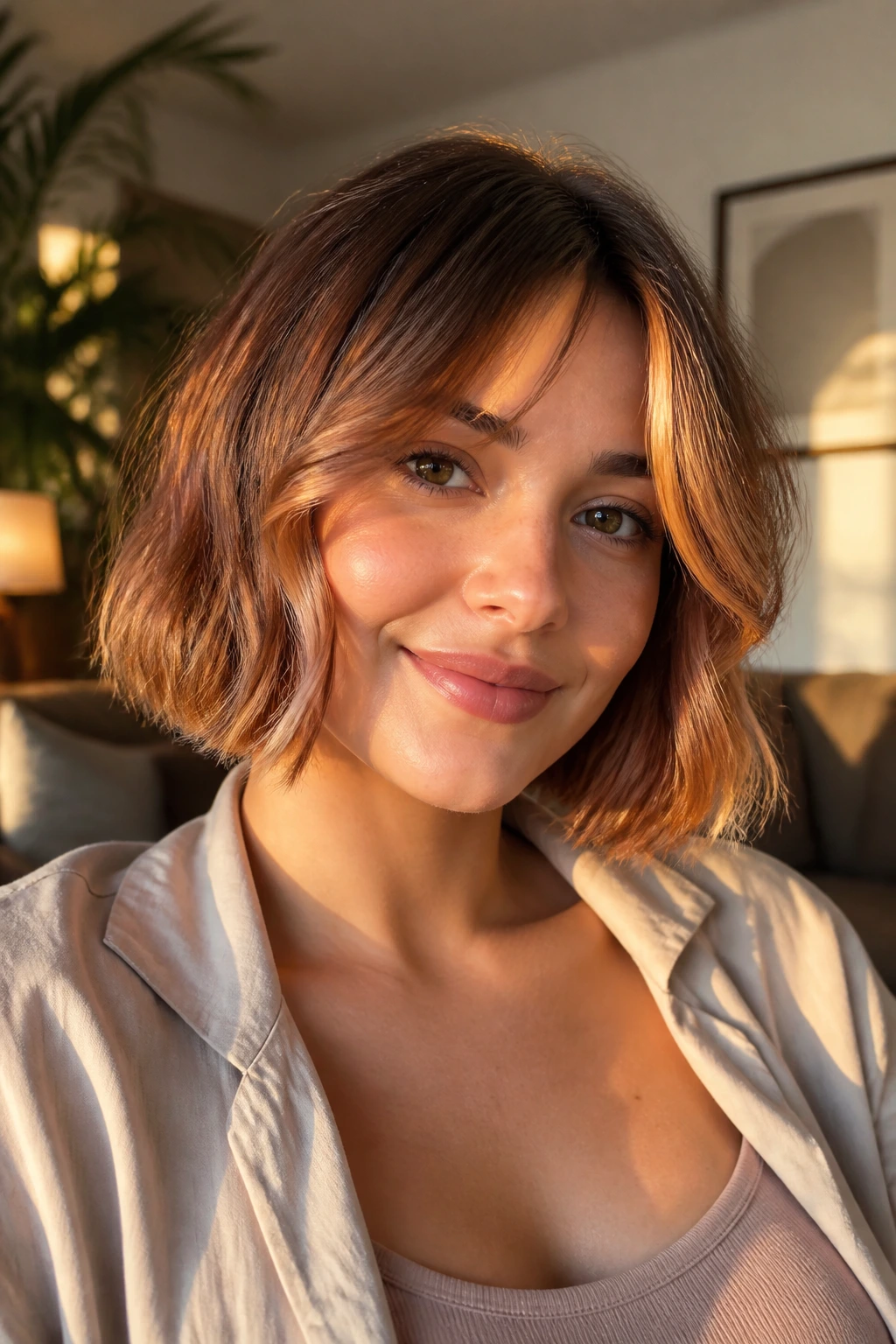 Close-up portrait of a real woman with curtain bangs and apricot glow on a chin-length bob.