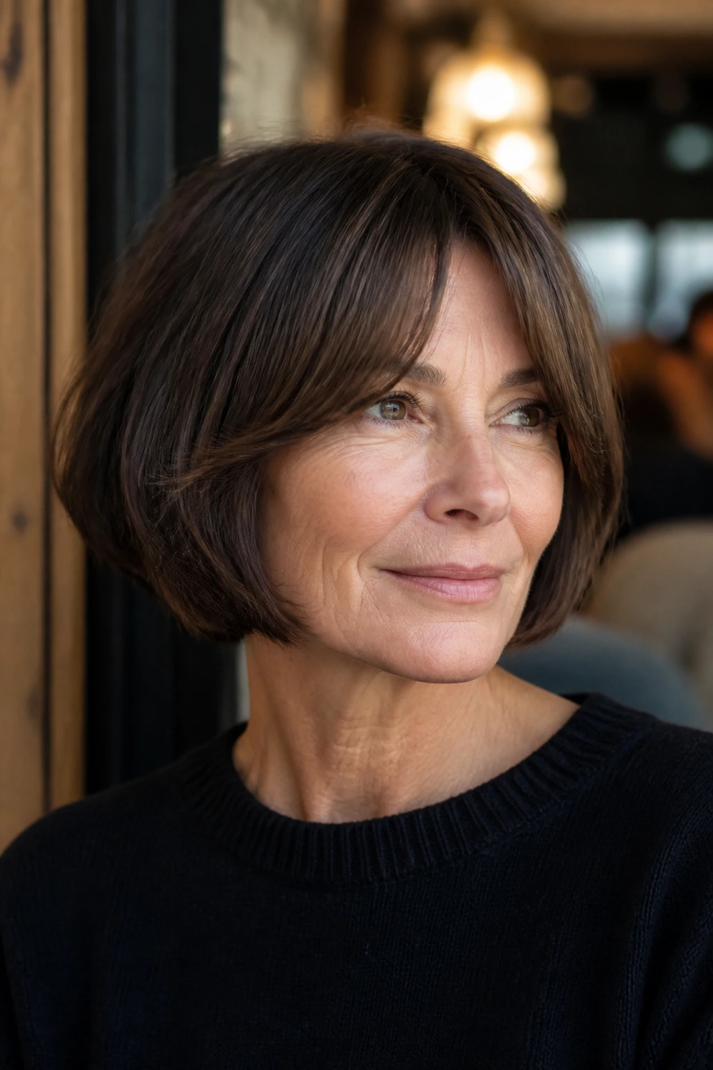 Portrait of a woman with a chin-length French bob and soft curtain bangs in cafe lighting.