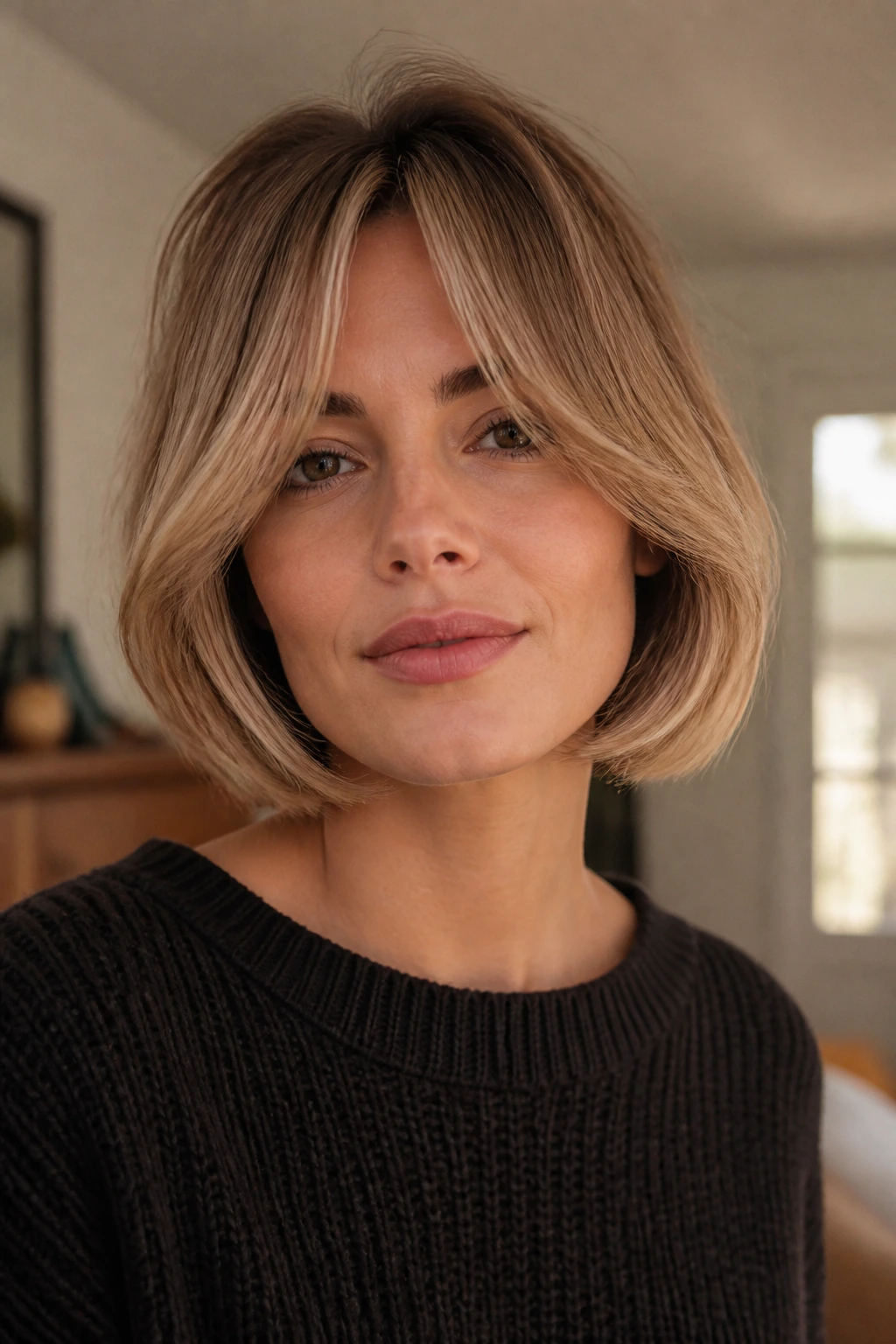 Close-up of a woman with a chin-length bob and curtain bangs in warm lighting.