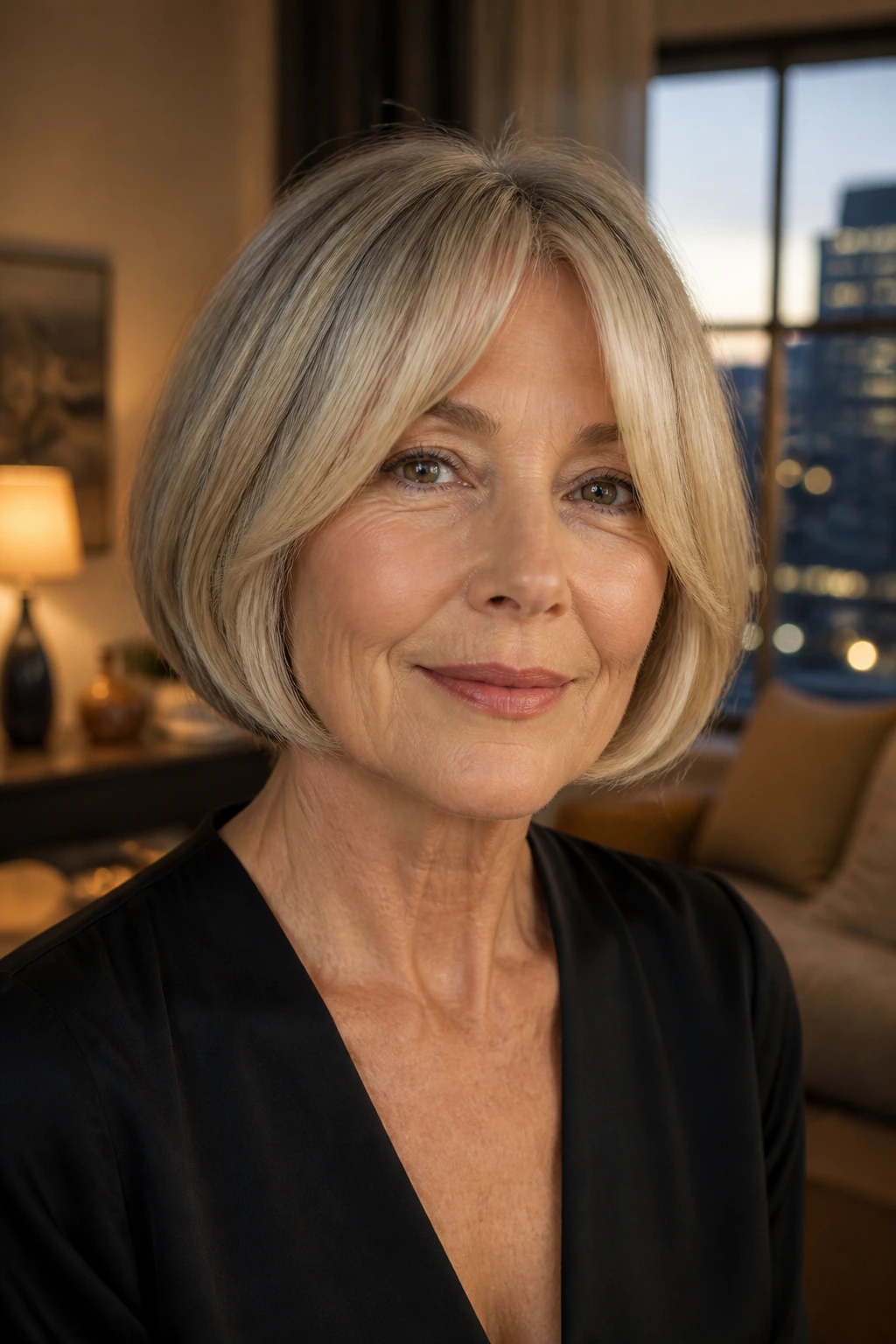 Real woman with chin-length French bob and curtain bangs