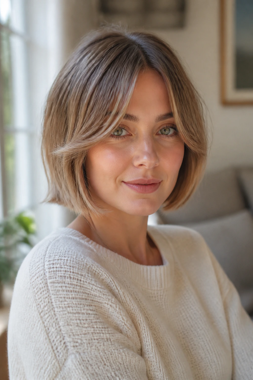 Portrait of a woman with a chin-length bob and curtain bangs starting at the cheekbone, middle-parted bangs.