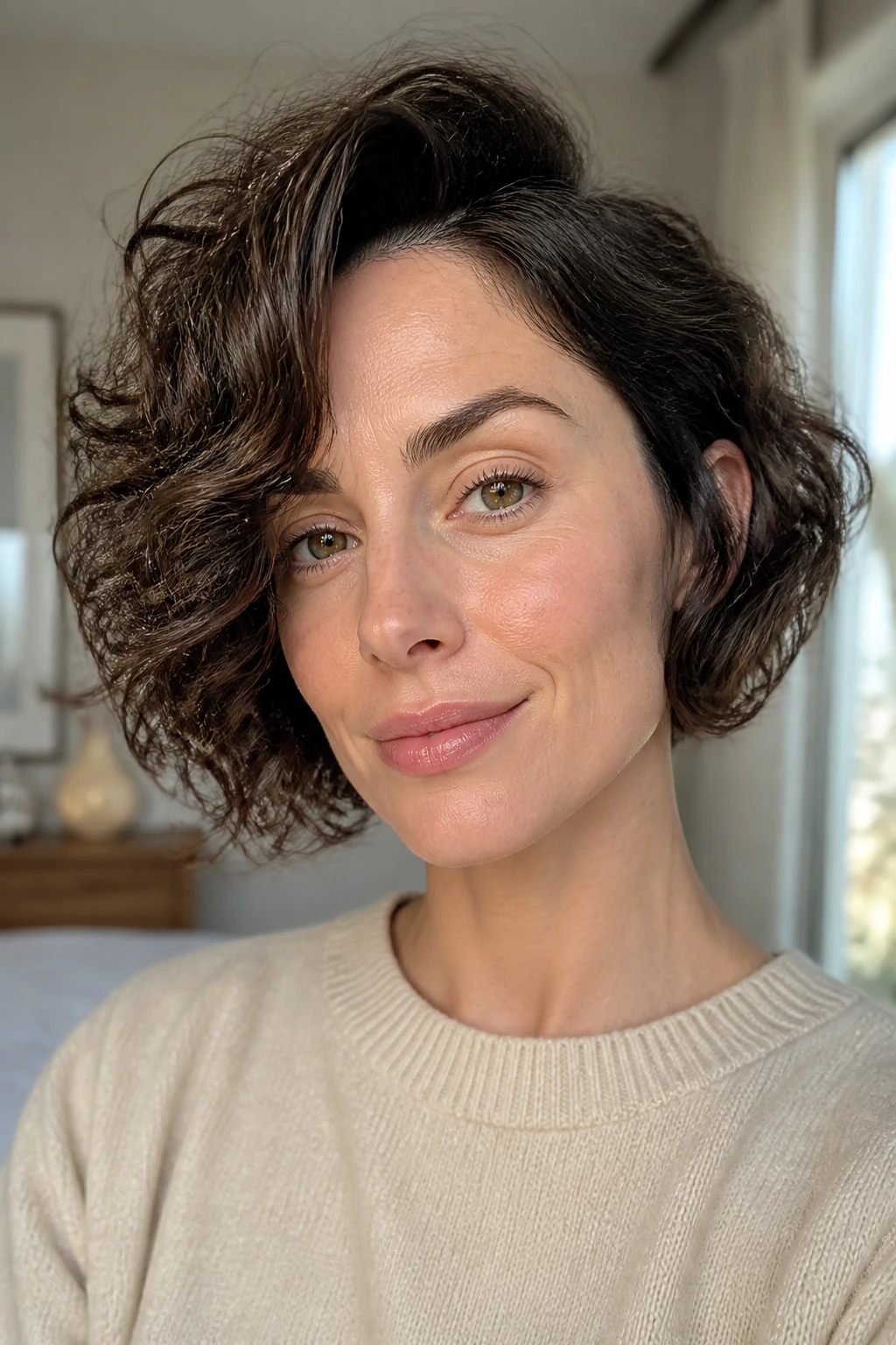 Close-up of real woman with chin-length bob and deep side flip