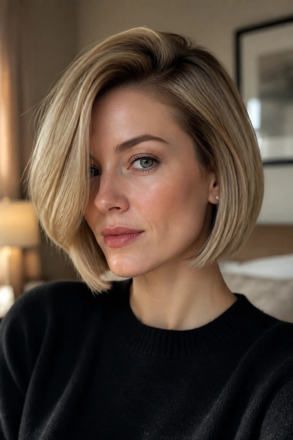 Close-up of a real woman with a chin-length bob and deep side part in warm window light