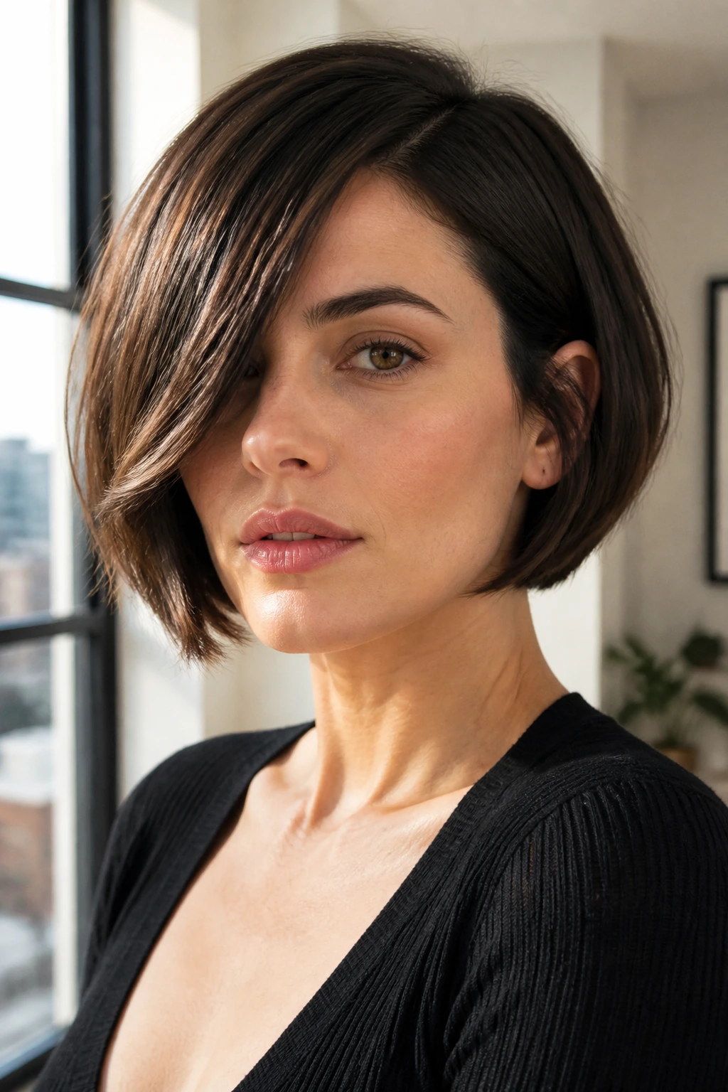 Close-up of a real woman with a chin-length bob and deep side part.