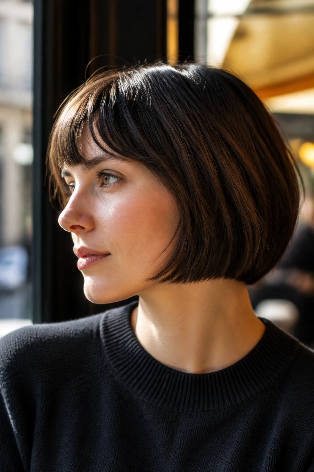 Close-up portrait of a woman with chin-length French bob and blunt ends