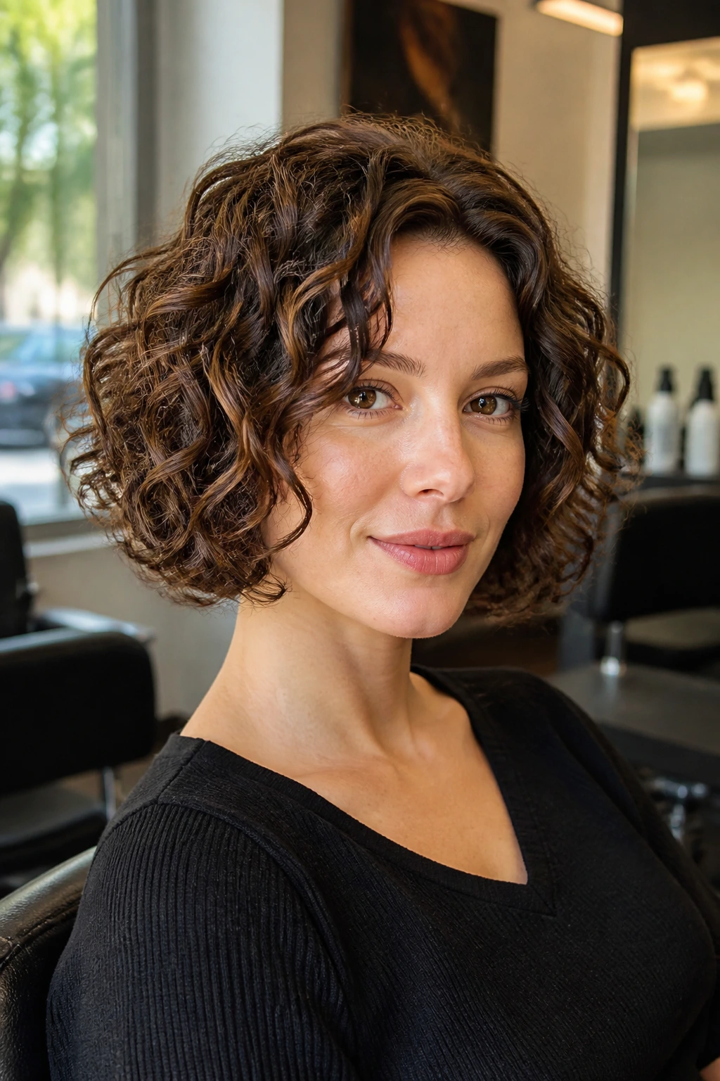 Close-up of a real woman with a chin-length curly bob and dimensional brown depth