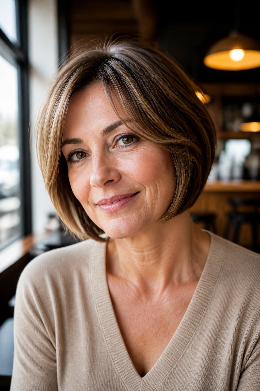 Portrait of woman with chin-length bob and face-framing layers in natural light