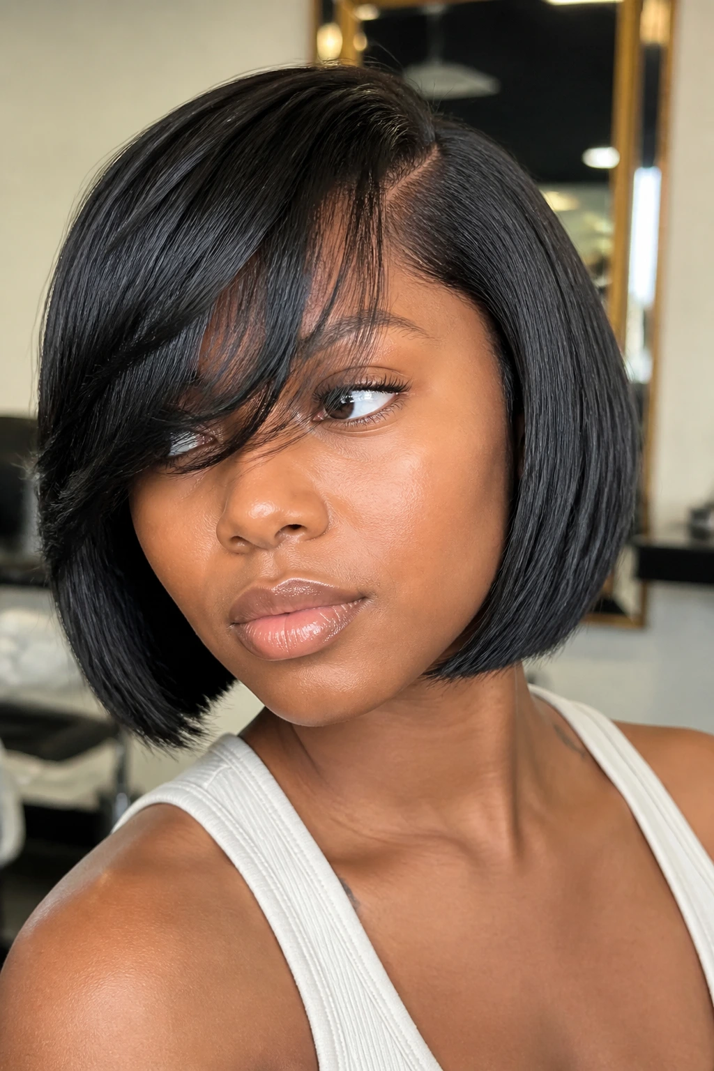 Real woman with chin-length bob and feathered bangs in a salon setting