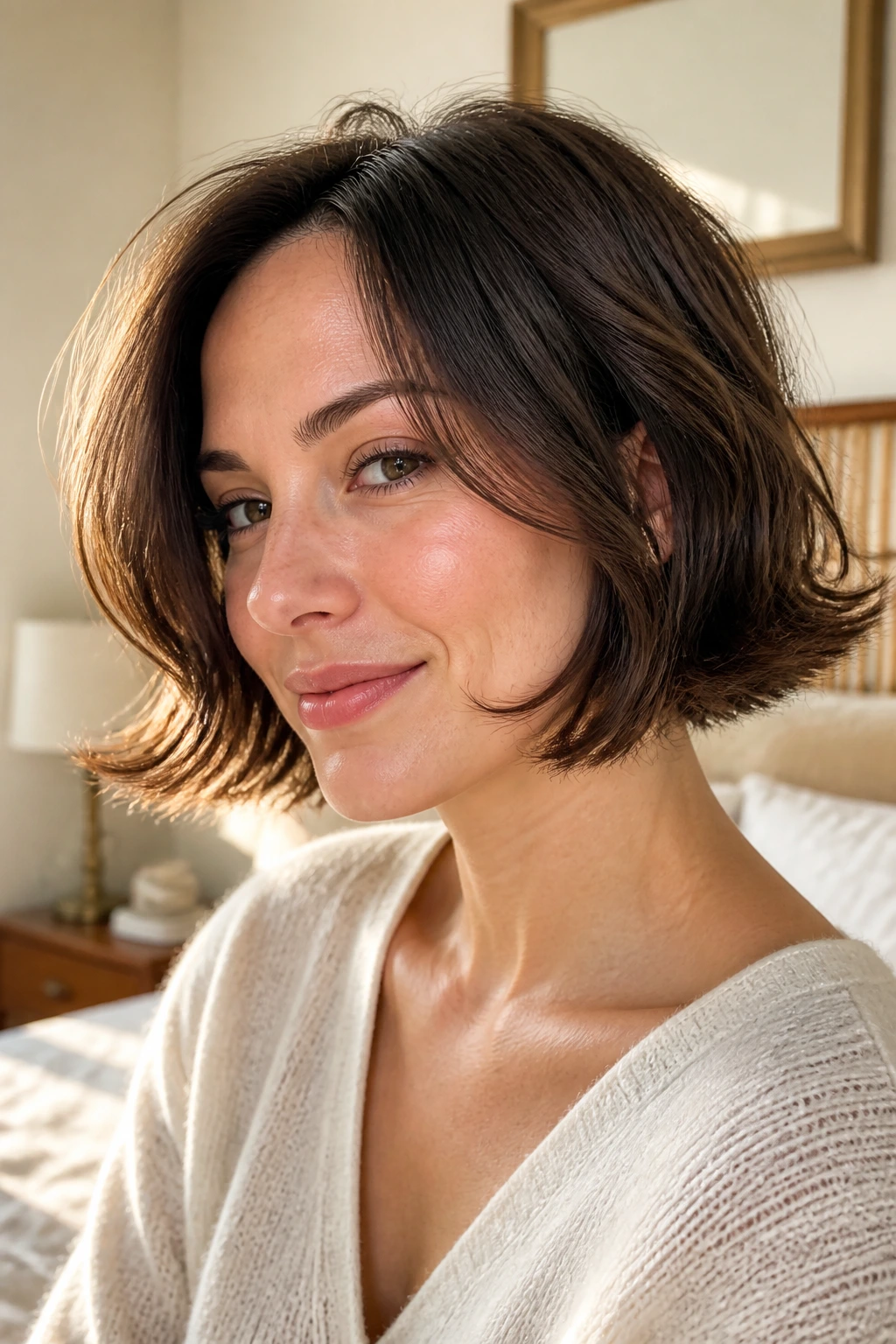 Portrait of real woman with chin-length flip bob showing outward-flipped ends