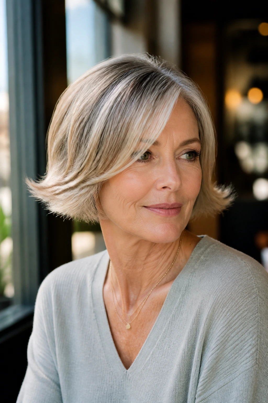 Close-up of a woman with a chin-length flip bob in warm cafe-light