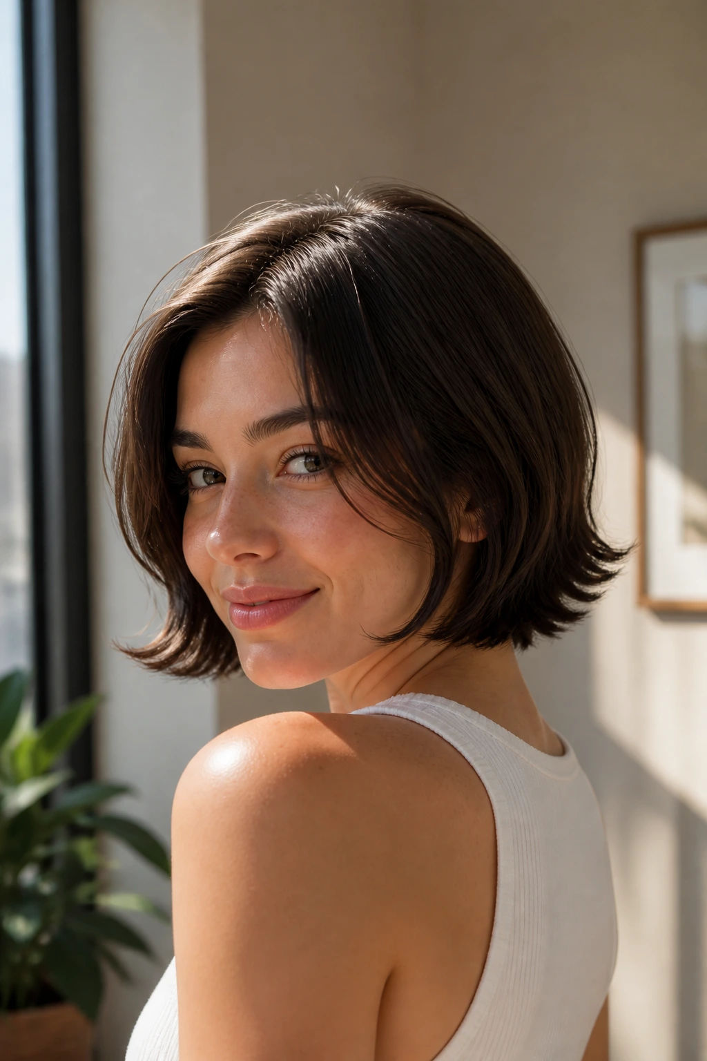 Portrait of a real woman with a chin-length flip-out bob