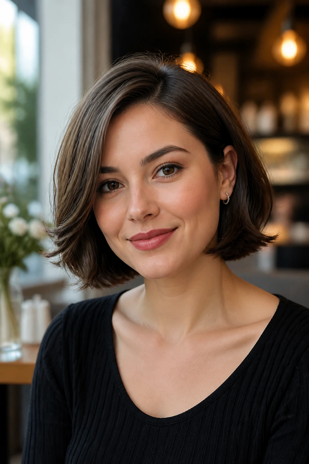 Real woman with chin-length bob and flipped ends in a warm cafe setting
