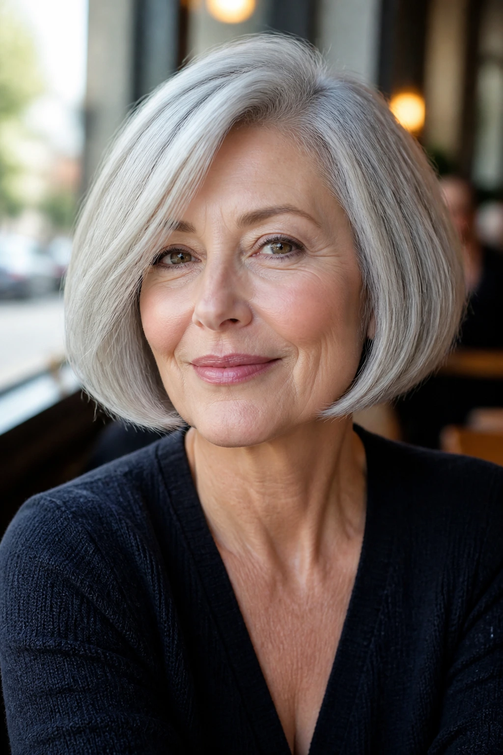 Portrait of a woman with a chin-length French bob framing an oval face by cafe window light