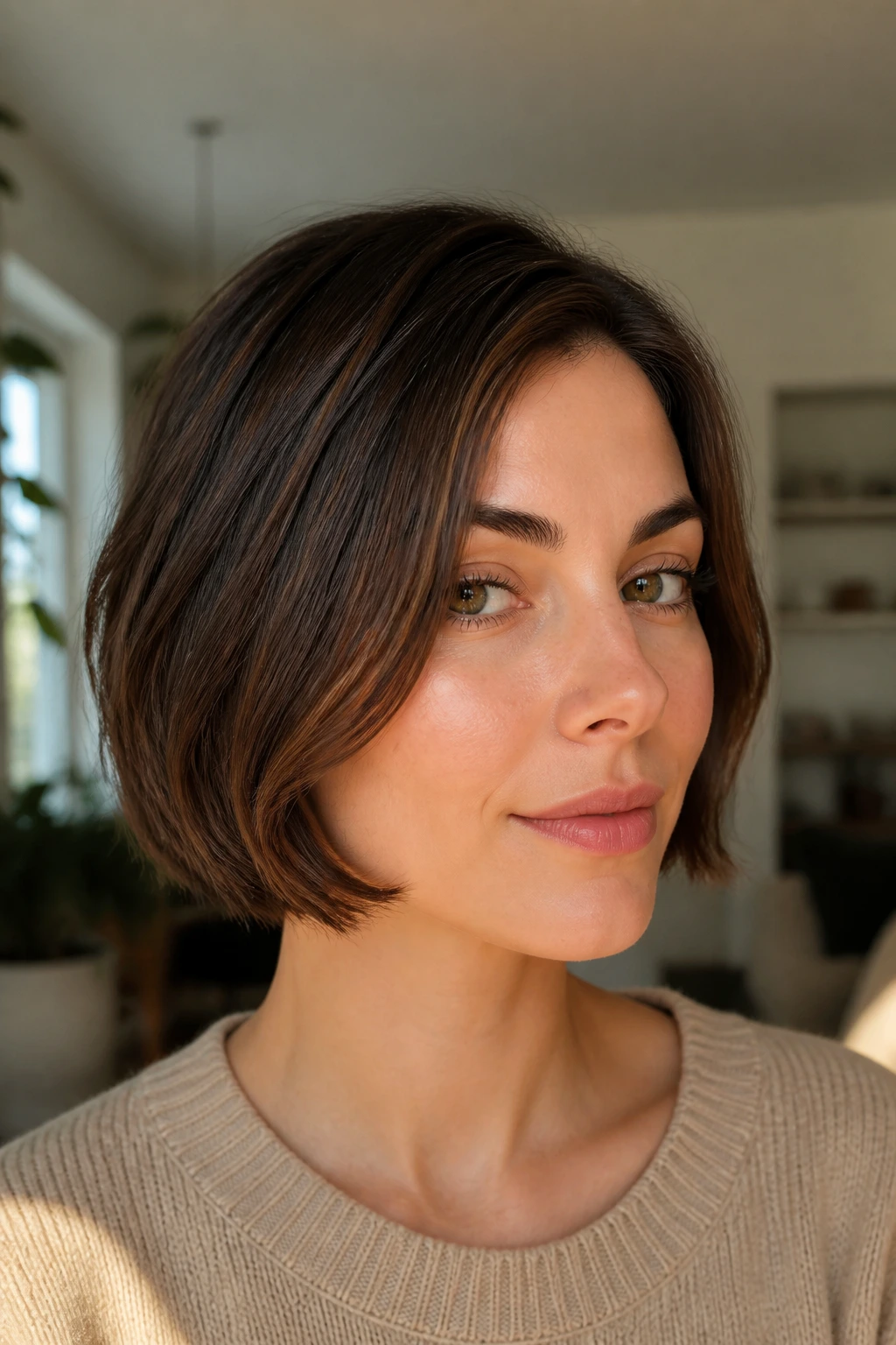 Close-up of woman with chin-length French bob and soft face-framing.