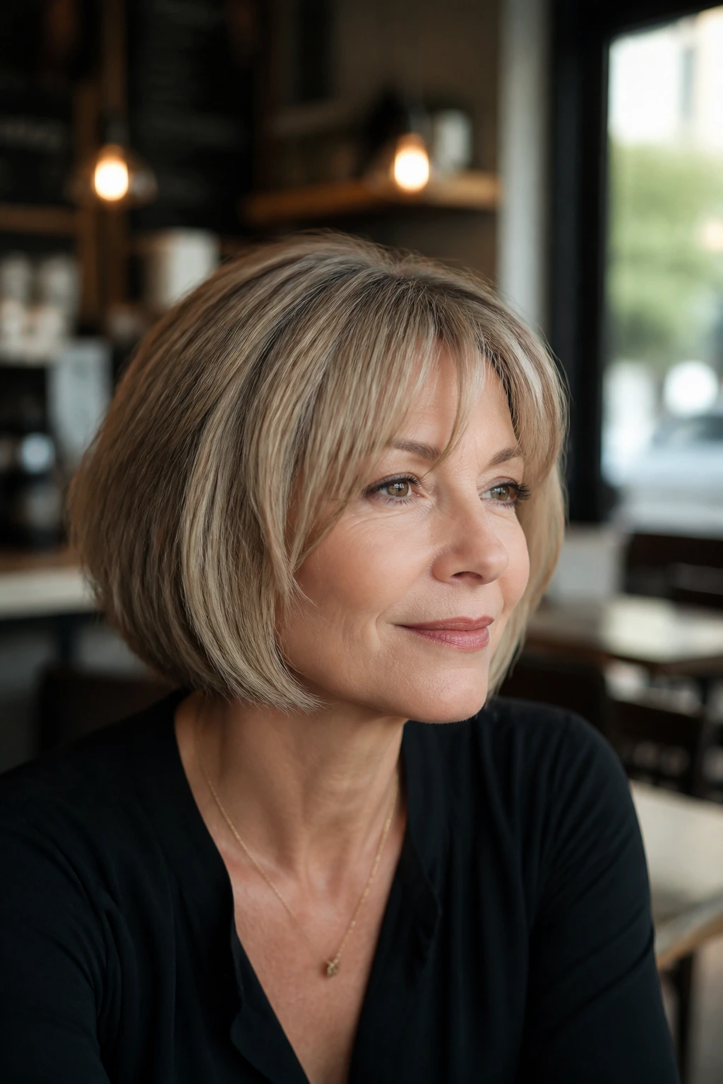 Portrait of a real woman with chin-length bob and face-framing fringe