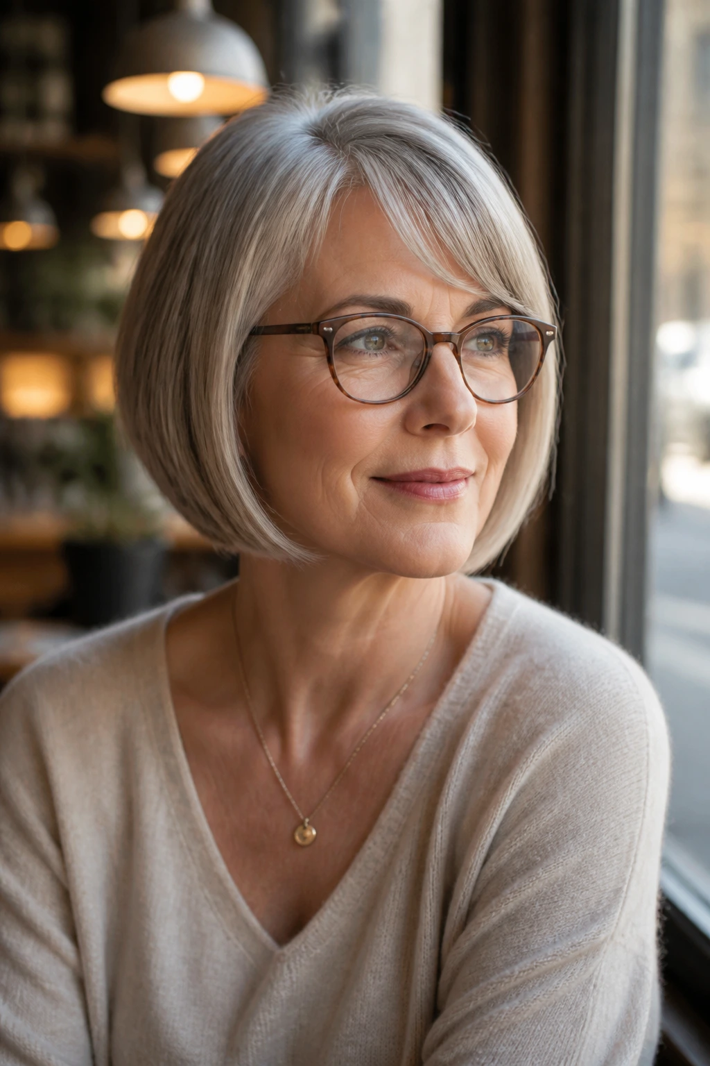 Portrait of a real woman with a chin-length bob showing a soft inward bend at the front, wearing glasses.