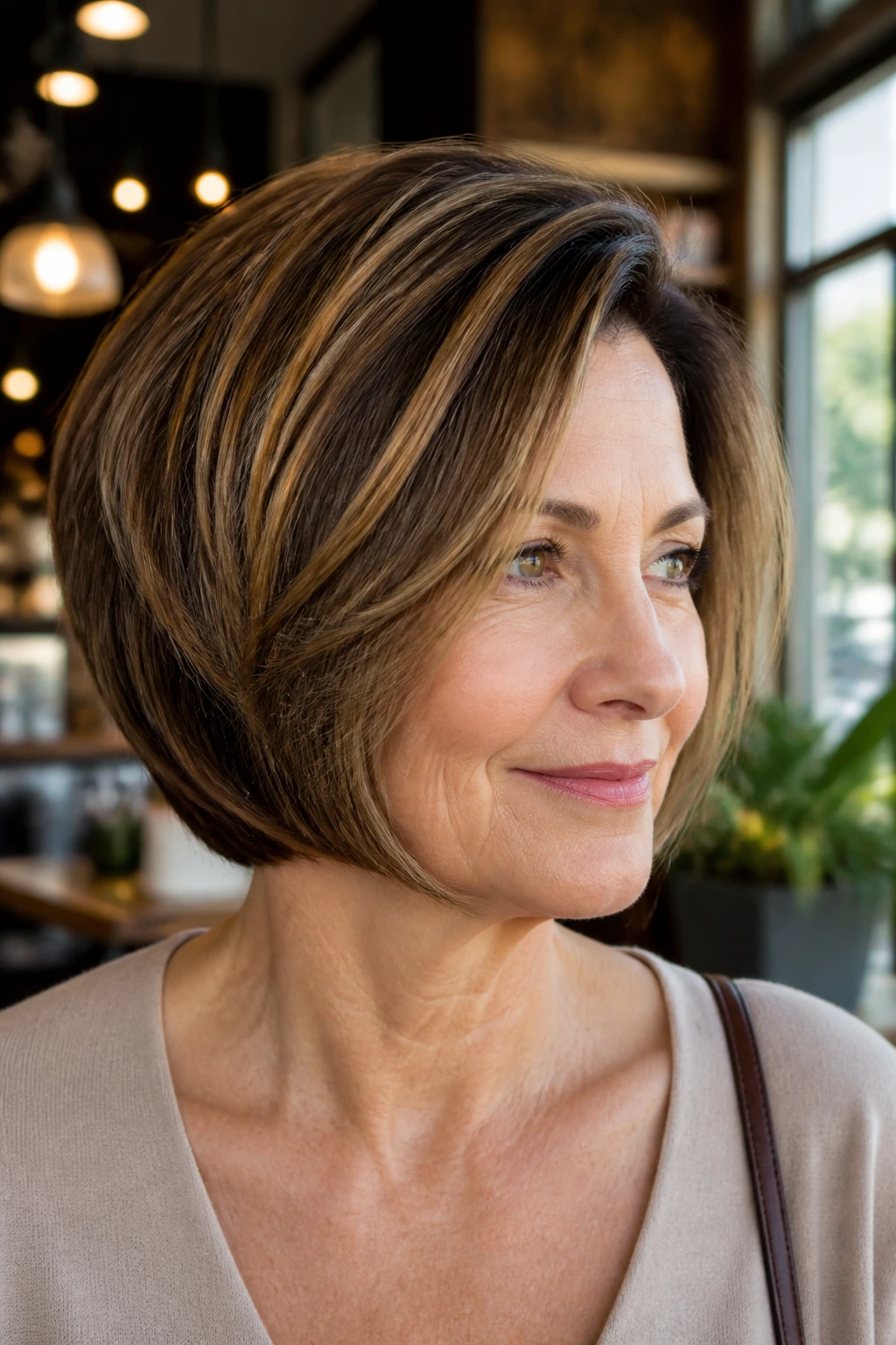 Close-up of a real woman with a chin-length bob with internal graduation.