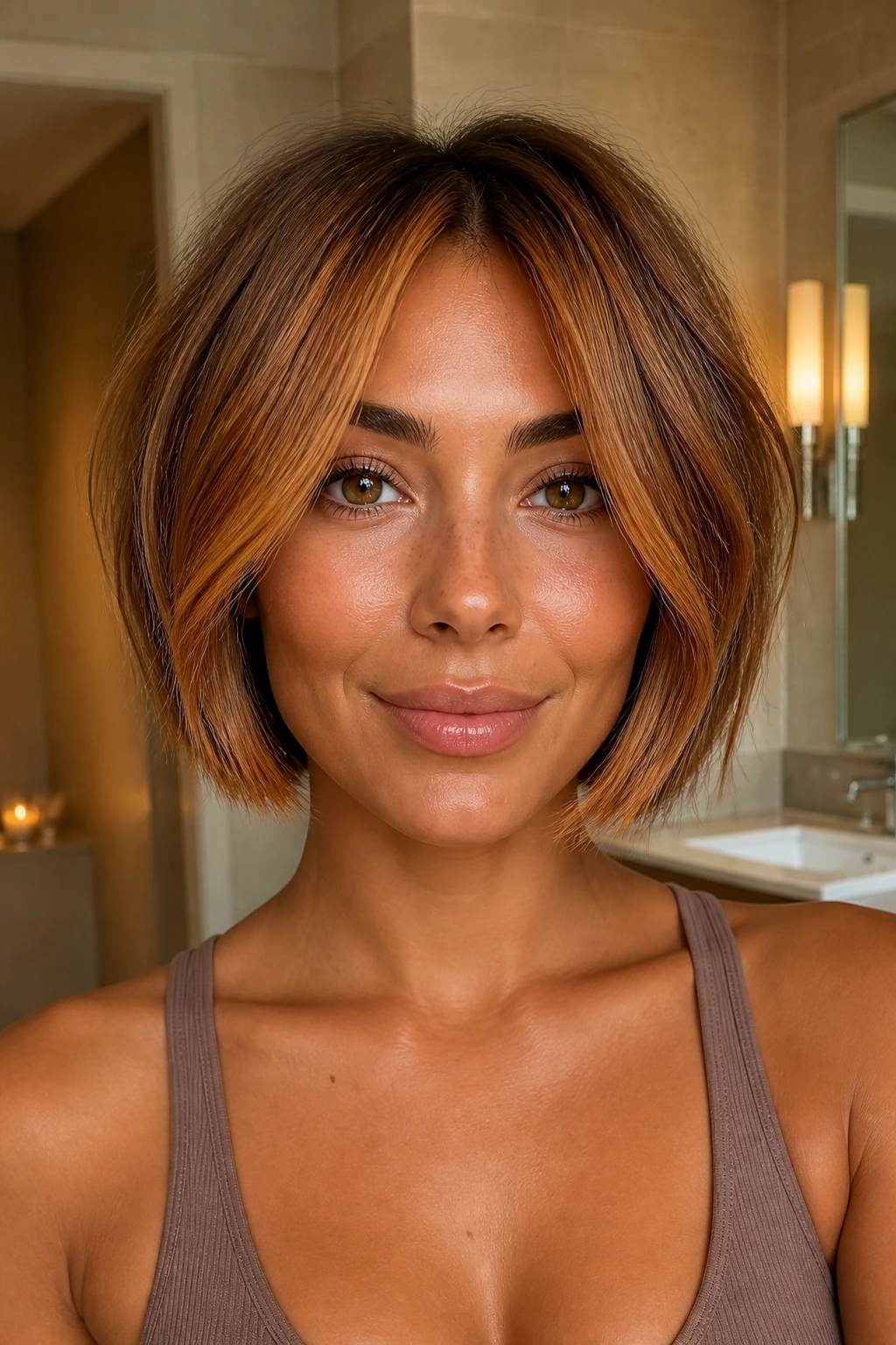Close-up of a real woman with rounded chin-length bob and honey copper ribbons on tan skin