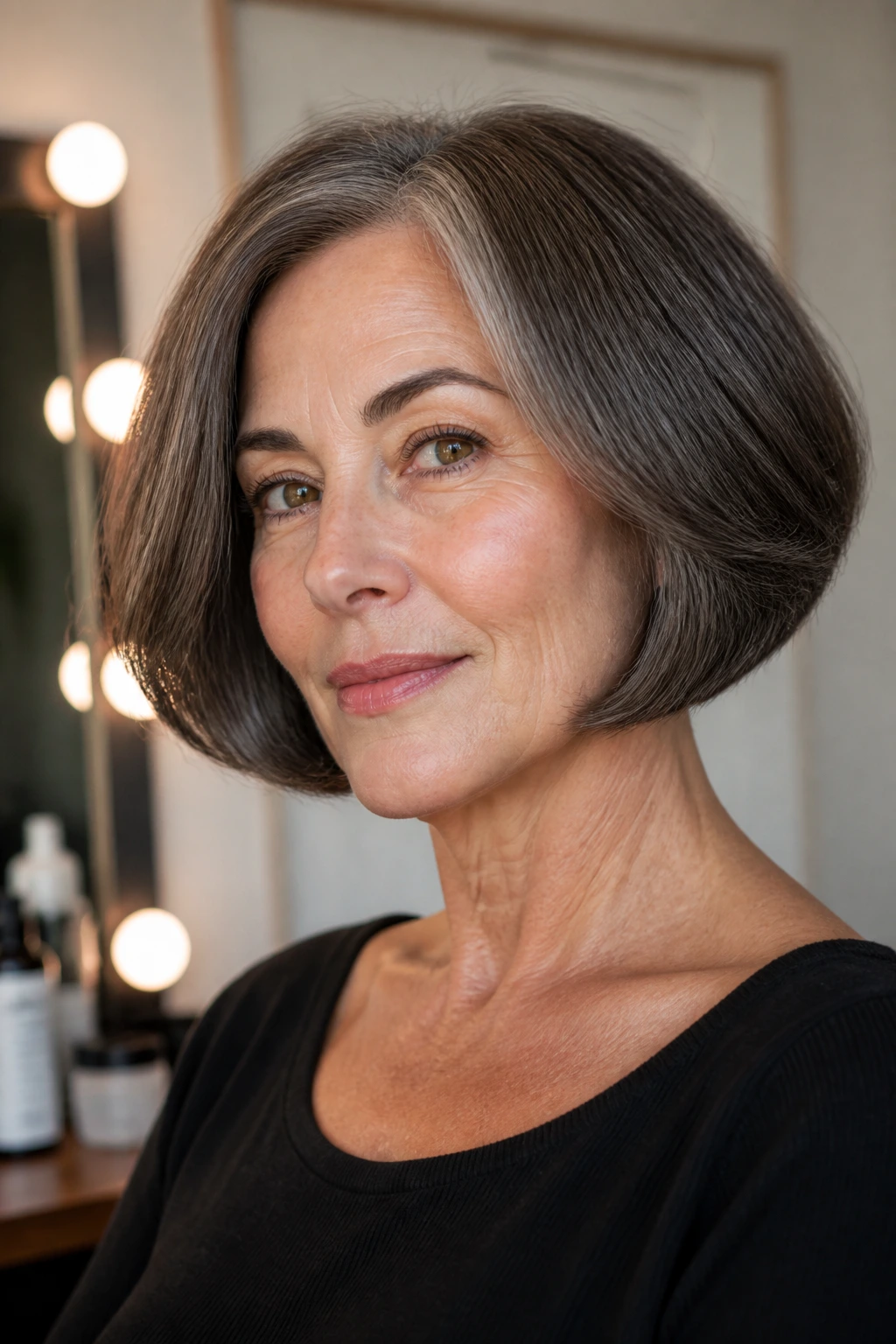 Chin-length bob with hidden interior layers on thick hair