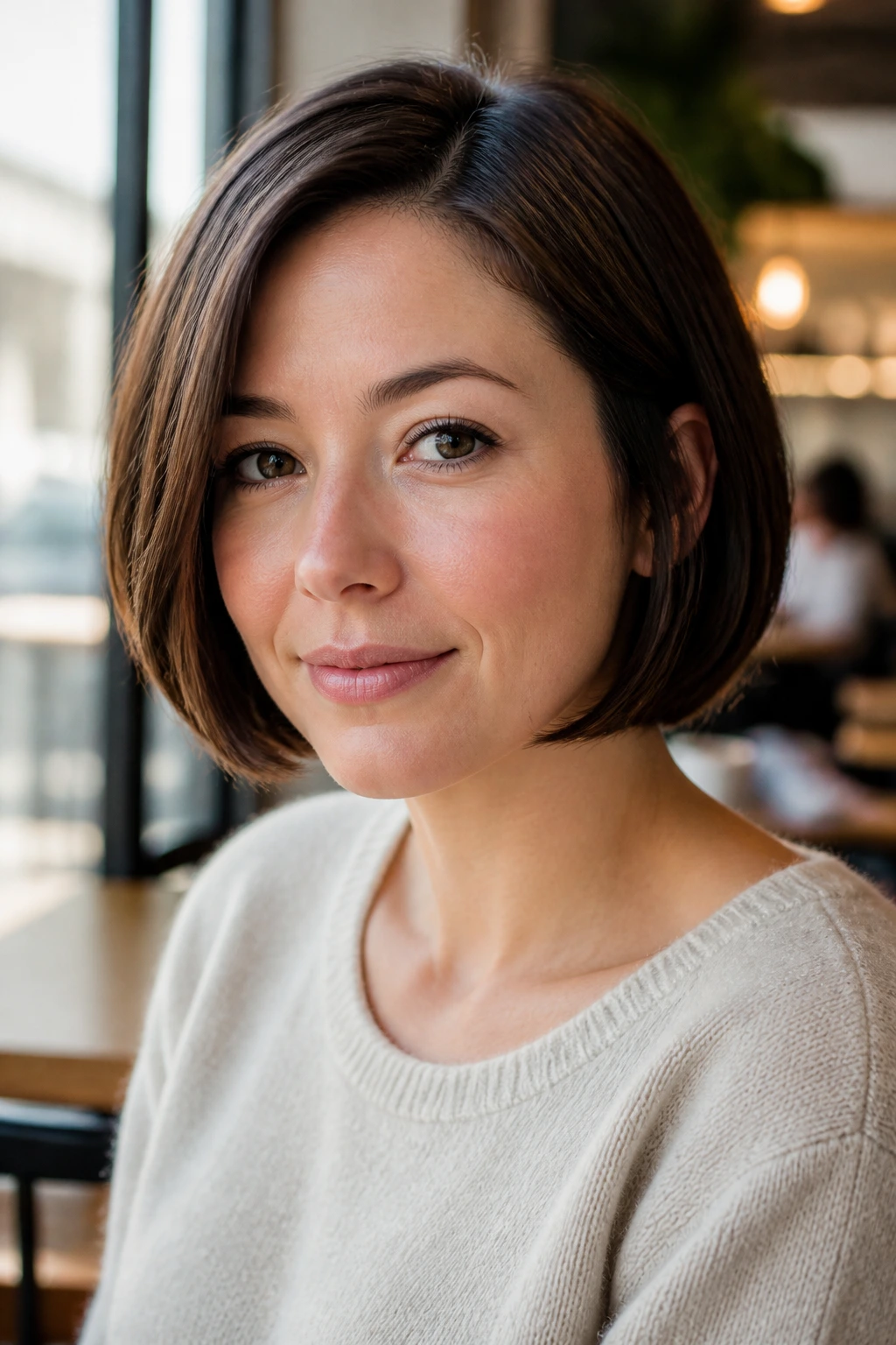 Real woman in a side-parted chin-length bob with invisible layers in cafe setting