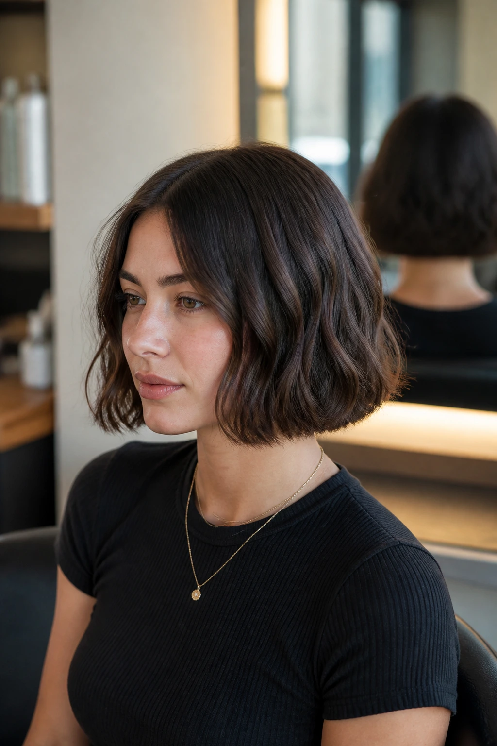 Close-up of a real woman with a chin-length bob in a salon, emphasizing maintenance and day-two refresh