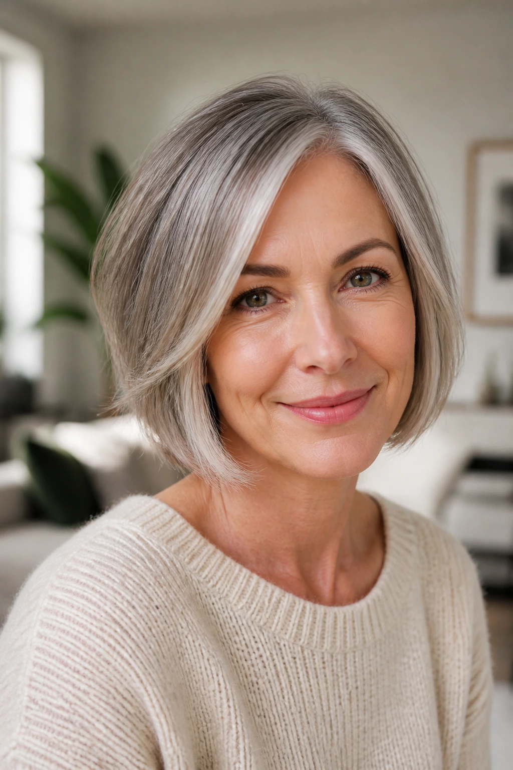 Close-up of a mature-wearer with a chin-length bob in bright natural light.