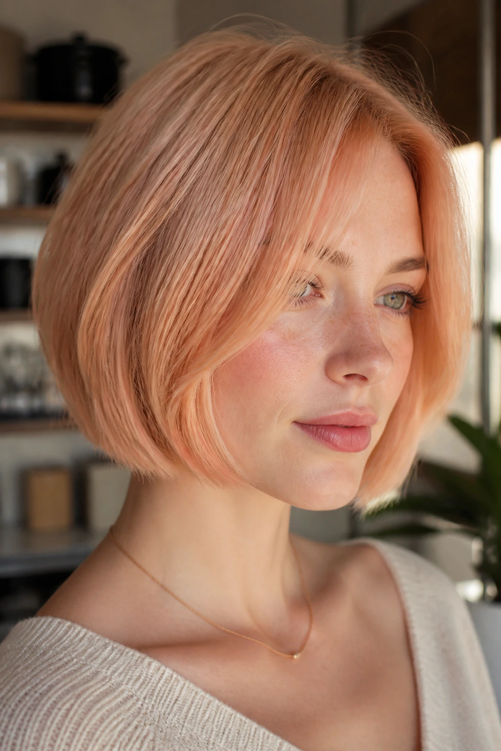 Chin-length bob with peach-toned strawberry blonde on pale skin