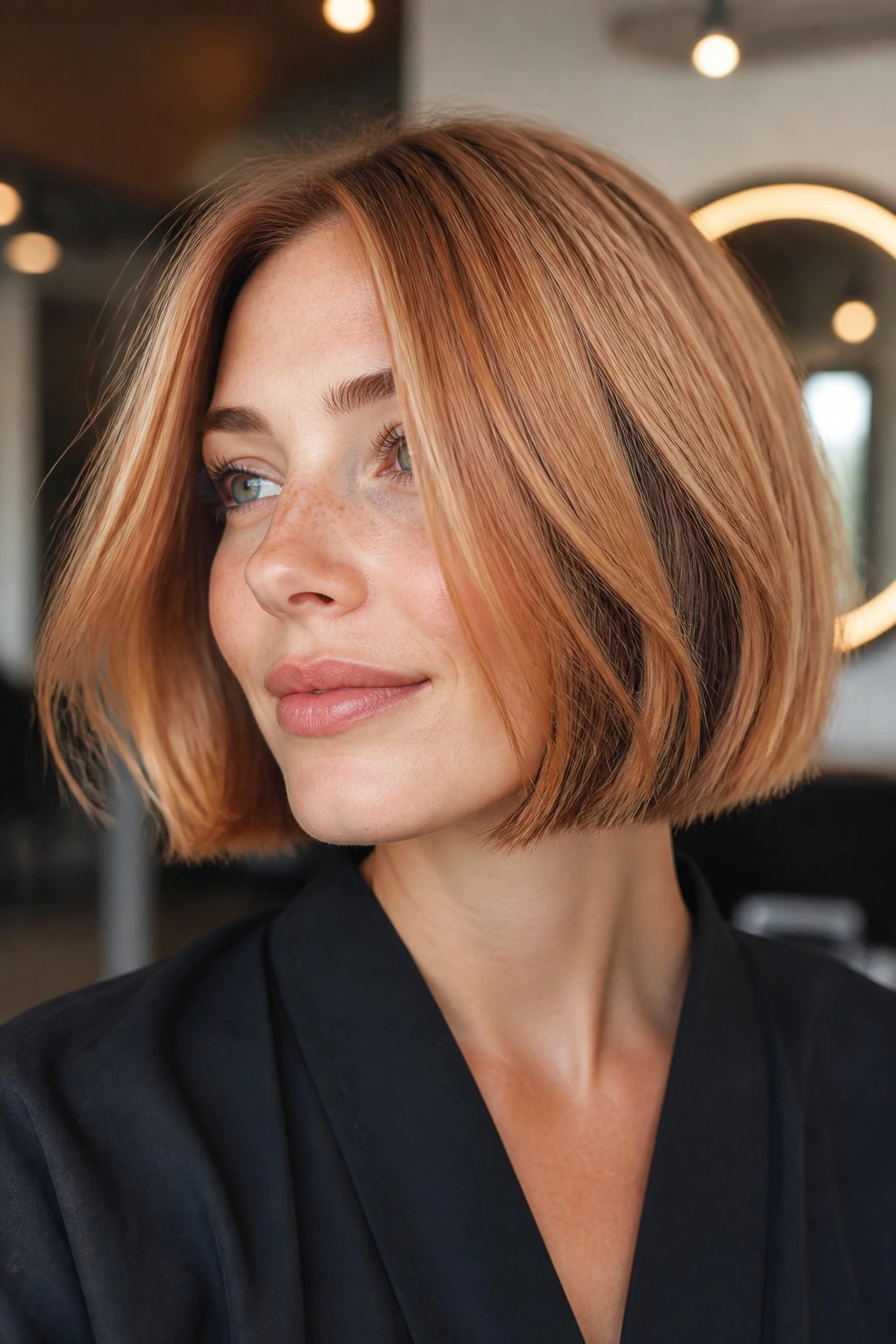 Close-up of a real woman with chin-length bob and peekaboo lowlights