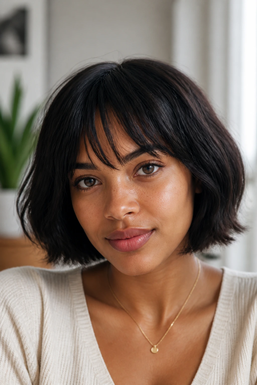 Close-up of a real woman with chin-length bob and piecey bangs in bright light