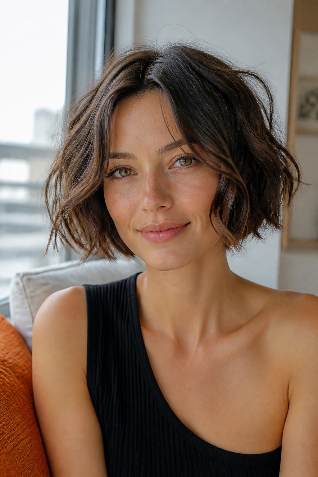 Close-up portrait of a real woman with chin-length bob and piecey ends showing movement in waves