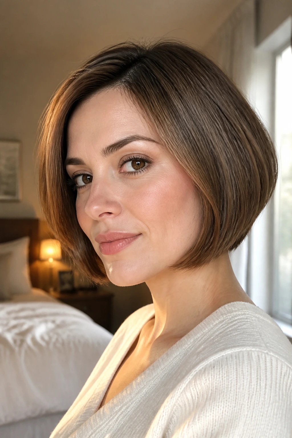 Close-up portrait of a real woman with a chin-length bob in soft window light.
